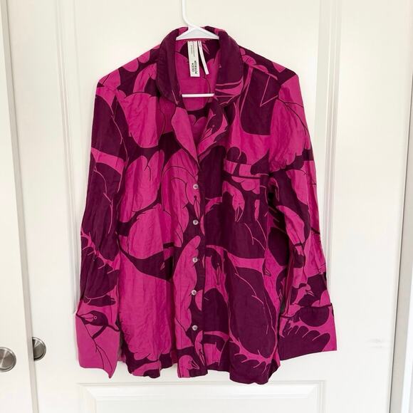 Anthropologie Pink & Deep Magenta Floral Satin Pajama Top Only - Picture 2 of 5